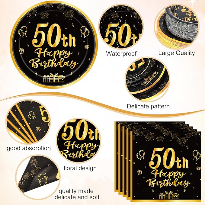 Funnymoom 452 Pcs 50th Birthday Party Decorations Set for Men Women, Black and Gold Happy 50th Birthday Paper Plates Napkins Cups Tablecloth Cutlery Straws for Cheers to 50 Years Anniversary Party