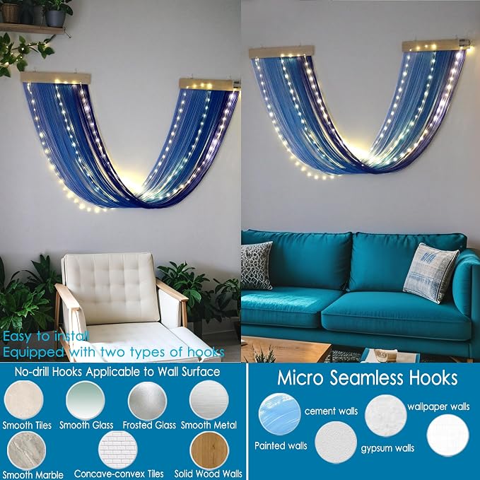 Macrame Fairy Lights Battery Operated with Remote & Timer, Blue Gradient | Handwoven Wall Hanging with 20ft 100 LEDs Warm White Timer String Lights for Bedroom,Living Room,Party,Wedding,Christmas Deco