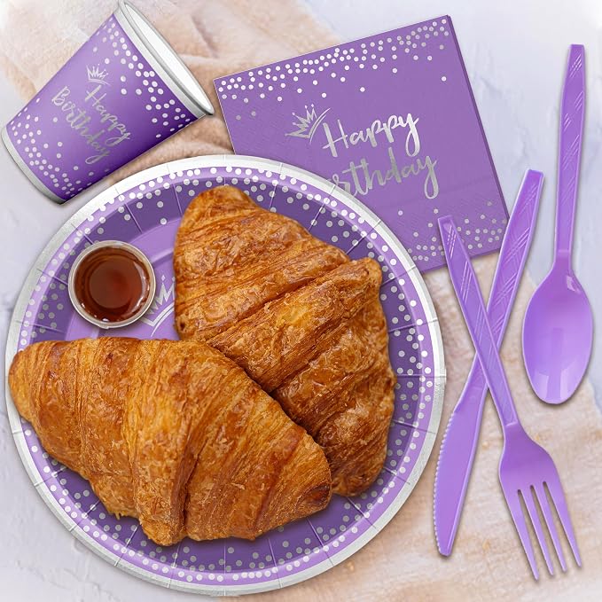 168 Pieces Purple Silver Birthday Plates and cups and Napkins Party Supplies Set,Disposable Spoons Knifes Forks Birthday Favors Set,Serves 24