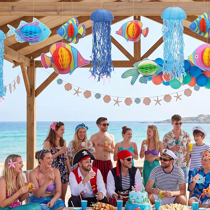 Ceenna 18 Pcs Under the Sea Decorations Kit with 6 Hanging Jellyfish and 12 Tropical Fish, for Mermaid Birthday Party, Ocean Shower, Nautical Wedding, and Beach Classroom Decor(6 Types of Fish)