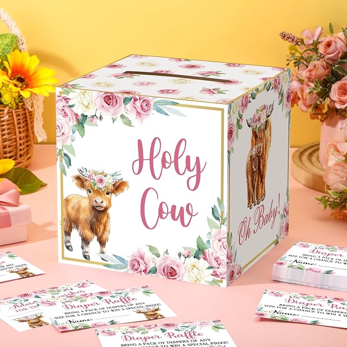 Teling 51 Pieces Diaper Raffle Tickets with Card Box Baby Shower Decorations Baby Shower Holder Box for Girl Boy Diaper Raffle Party(Highland Cow)