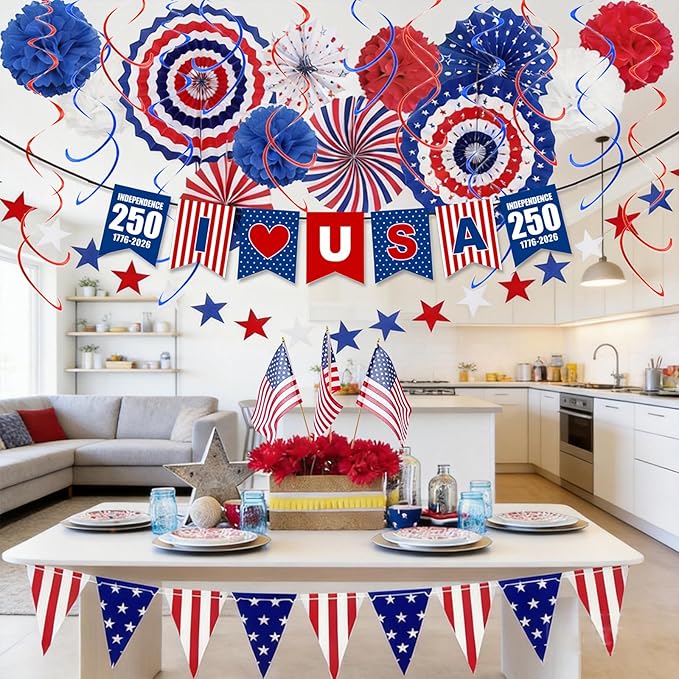 4th of July Decorations 37PCS Patriotic Decorations Red White Blue Paper Fans USA Banner Hanging Swirls Pompom Star Streamer Set for Veterans Day 250th Anniversary Memorial Day