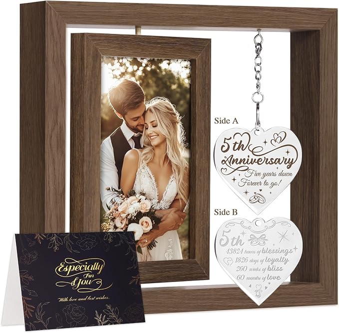 5 Year Anniversary Picture Frame Gifts for Him Her Couple Men Women Husband Wife, 5th Anniversary Marriage Gifts, Best 5 Year Anniversary Wood Gift, Five Year Fifth Anniversary Wedding Gift