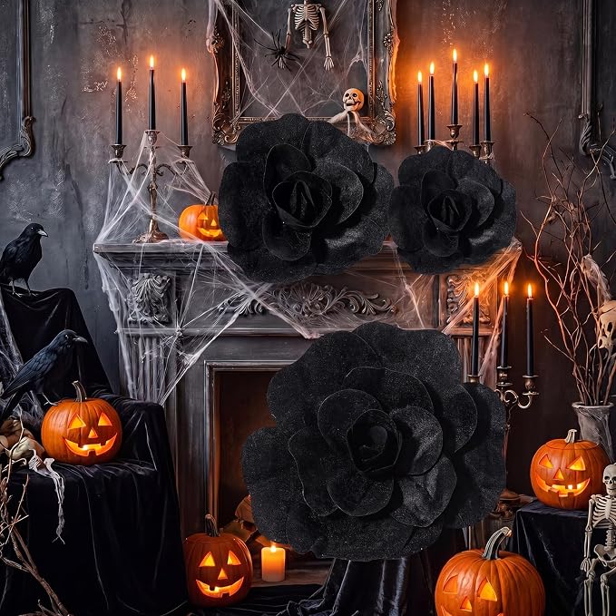 Norme 3 Pcs Giant Black Artificial Roses for Decoration 12 16 20 Inch Large Artificial Flowers Big Paper Flowers for Halloween Wedding Home Decor Anniversary Birthday Gothic Velvet Rose Bulk