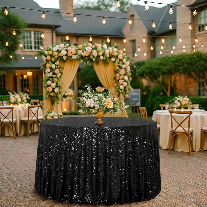 Eternal Beauty Black Tablecloth, 120 Inch Round Sequin Tablecloth for Party Cake Dessert Table Exhibition Events