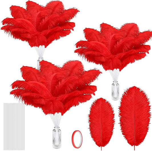 Tigeen 100 Set Ostrich Feathers Bulk 12-14 Inch,10-12 Inch 100 Natural Feathers for Vase with 100 Sticks and Tape Making Kit for DIY Wedding Floral Arrangement Party Centerpiece Decor(Red)