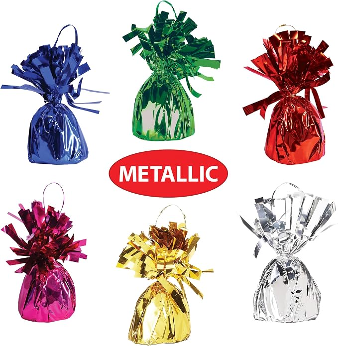 Beistle Metallic Wrapped Balloon Weights – 12 Pack, Assorted Color Centerpiece Bouquet Holders with Matching Wire Ribbon Loops, Party Décor for Birthdays, Events, and Celebrations, Colors Vary, 6 Oz