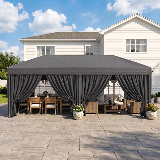 10x20 FT Portable Pop Up Canopy Tent, Adjustable Height Instant Gazebo with Sidewalls, Sandbags,Outdoor Canopy for Camping, Parties, Vendor Events (Grey with Reflective Strip, 3m × 6m with sidewalls)
