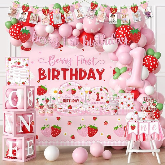 Berry First Birthday Decor, Sweet One Birthday Party Decorations with Berry First Birthday Backdrop 1st Birthday High Chair Banner Plates Napkins Balloon Arch Box for 1st Girl Birthday Party