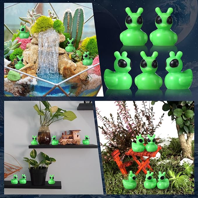 VioraWhite 100 Pcs Resin Mini Alien Duck Figures Bulk Tiny Alien Duck Figurine to Hide and Seek Green UFO Sci-fi Space Party Gifts for Miniature Landscape Space Birthday Party Goodie Bags Fillers