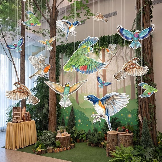 18 Pcs Large Bird Party Decorations 3D Realistic Watercolor Paper Hanging Bird Decoration Paper Songbird Birthday Party Supplies for Wedding Garden Baby Shower Room Ceiling Decor