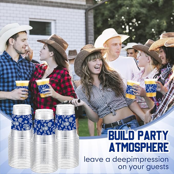 Funnymoom 60 Pack Cowboy Cup 12 oz Blue Bandana Disposable Clear Plastic Cups for Western Cowboy Birthday Party Decoration Supplies