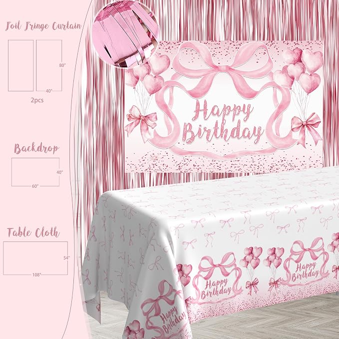 Pink Bow Birthday Decorations, Bow Coquette Birthday Party Supplies, Includes Backdrop, Hanging Garland, Foil Fringe Curtain, Cake Toppers, Balloon Garland, Tablecloth, Cupcake Toppers, Foil Balloon