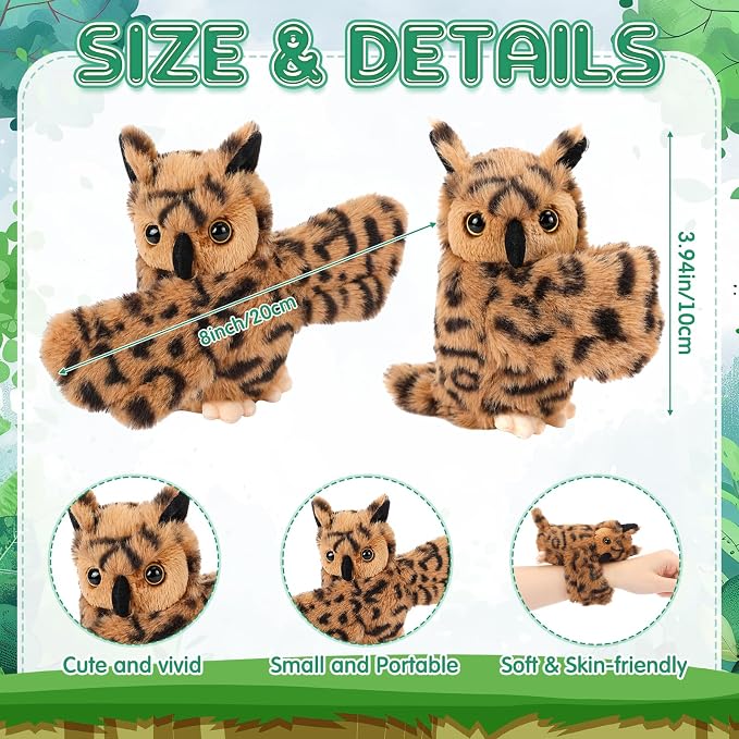 Liliful 8 Pack Kids Plush Gifts Stuffed Animal Cat Slap Bracelets - 8 Inch Back to School Prize Box Toys Wrist Cute Snap Birthday Rewards for Boys Girls Child Pet Adoption Party Favors(Owl)