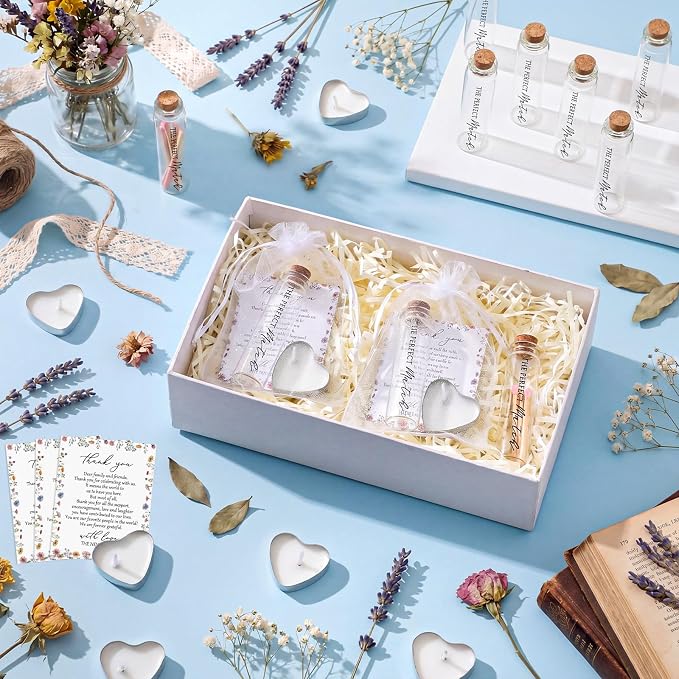 100 Sets Wedding Party Favors for Guests Bulk Including Heart Shaped Candles and Empty Matches Jars with Cork Top Thank You Cards and Organza Bags for Wedding Bridal Shower Party (Wildflower)