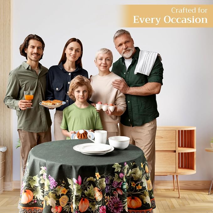 Maison d' Hermine Table Cloth Round Table 100% Cotton 69 Inches Fall Tablecloth Reusable Everyday Use for Thanksgiving Christmas Decorations Dining Farmhouse Party (Pumpkin Garden - Dark Green)