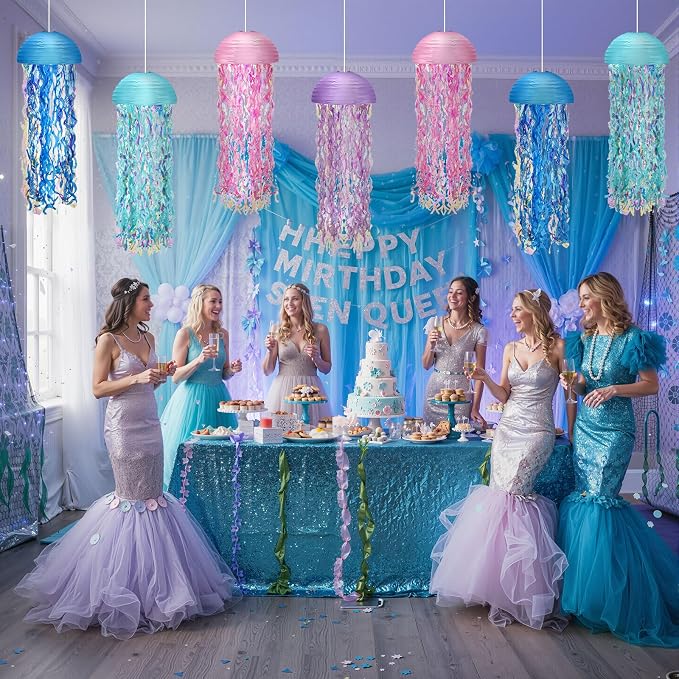 Baquler Set of 12 Jellyfish Paper Lanterns 10 Inch Semicircle Lanterns Hanging Decoration for Mermaid Sea Ocean Birthday Party Decorations (Pink, Light Blue, Light Purple, Royal Blue)