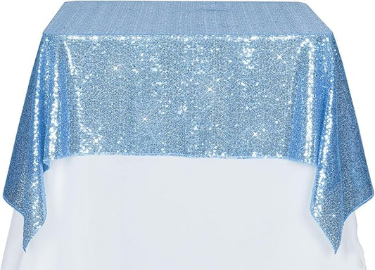PartyDelight Sequin Tablecloth Square 50"x50" Baby Blue Table Overlay for Wedding Party Birthday Bridal Baby Shower Other Events Decorations