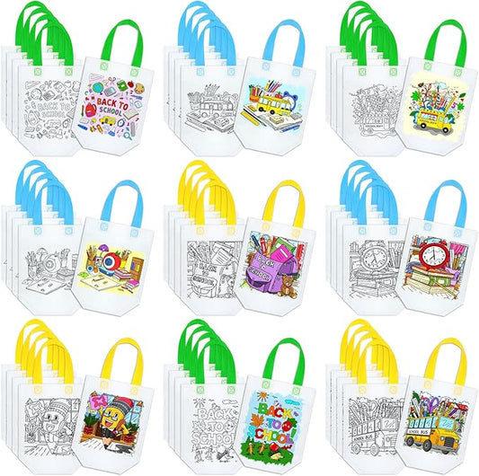 Kacctyen 45 Pcs Back to School Coloring Goodie Bags Bulk Reusable Back to School Crafts Art Party Favor Paint Bags for Kids Color Your Own Graffiti Goodie Bag, 9 Style