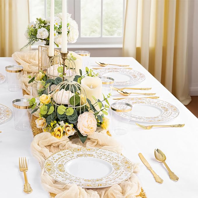 GATHER 350PCS White and Gold Plastic Plates - Gold Disposable Dinnerware Set Include 50 Dinner Plates, 50 Dessert Plates, 150 Gold Plastic Silverware, 50 Napkins, 50 Cups for Wedding & Party