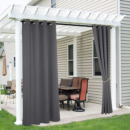 RYB HOME 2 Panels Outdoor Curtains for Patio Waterproof Block Sunlight Thermal Insulated Privacy Assured Thick Outside Curtains for Porch, Gazebo, Pool, W52 x L72, Grey