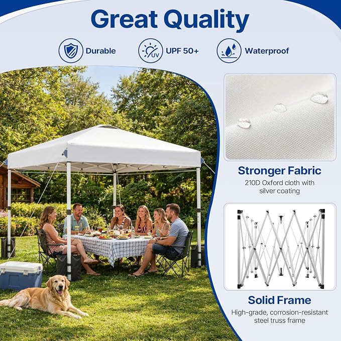 10x10 FT Pop Up Canopy Outdoor Tent, 1-Button Push Easy Set Up, Waterproof & 3-Height Adjustable Beach Shade, Heavy Duty Sun Shelter with 4 Sand Bags for Vendor Events Camping Party Outdoor Activities