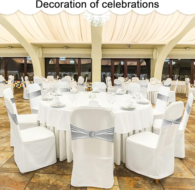 Oudain 120 Pieces Spandex Chair Sashes with Buckle Stretch Chair Cover Bands Bows for Wedding Hotel Banquet Events Decorations Sashes(Silver)