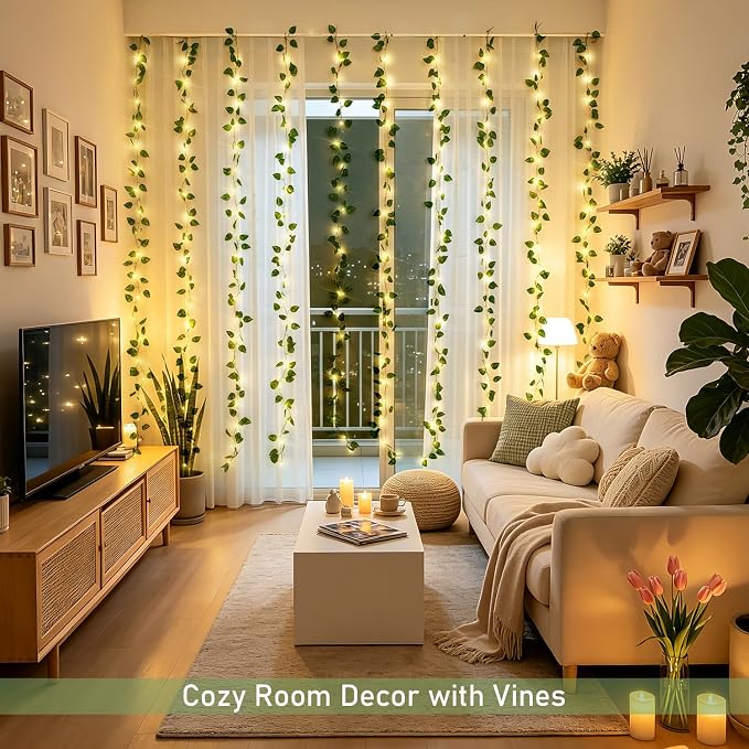 JMEXSUSS Vines Lights for Bedroom, 9.8ft x 9.8ft with Remote, 300 LED Fairy Lights with Vines, Artificial Pothos Curtain Light for Wall Dorm Wedding Indoor Decor
