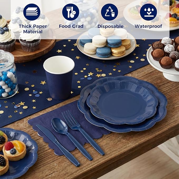 NatNarr 175 Pcs Navy Blue Plates and Napkins Set, 25 Guest Navy Blue Party Supplies Include 9" Graduation Plates & 7" Cake Plate Disposable Plastic Cutlery for Birthday Graduation Party Wedding