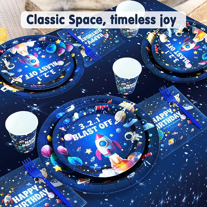 Space Themed Birthday Party Decorations Plates Set, All-In-One Outer Space Planet Party Plates Napkins Cups Forks Banner Hanging Swirls Cake Cupcake Toppers Tablecloth Balloons Kit