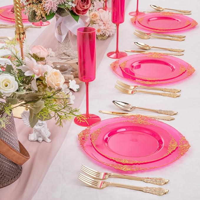 125PCS Hot Pink Plastic Plates - Clear Pink Gold Disposable Plates - Hot Pink Party Plate with Gold Plastic Silverware Set for 25 Guests for Wedding Birthday Party Baby Shower