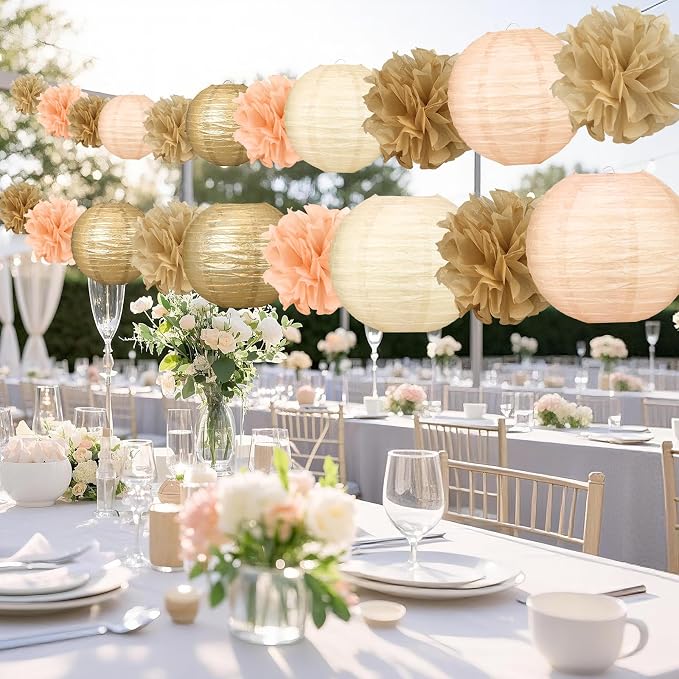 18pcs Champagne-Gold Paper Lanterns Decoration Gold White Hanging Décor Pom Poms Paper Flower Party Supply for Baby Shower Wedding Valentine Birthday Party