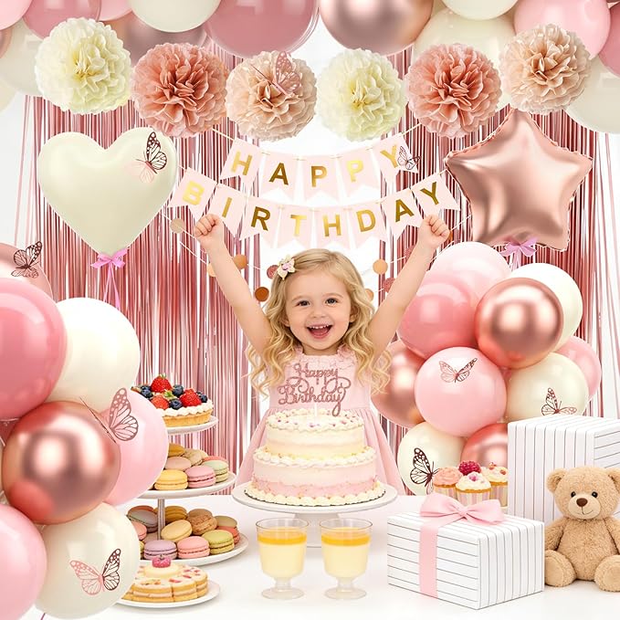 Dusty Pink Birthday Decorations Rose Gold Pink Beige Balloons Happy Birthday Banner Cake Topper Fringe Curtain Paper Pom Poms Butterfly Sticker Blush White Cream Heart Star Foil Party Girls Women