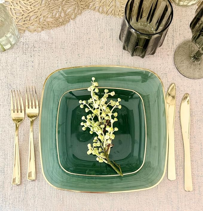 OCCASIONS 50 Green Disposable Dinner Plates (25 Guests) - Fancy Square Heavy Duty Plastic Dinnerware Set with Gold Rim for Wedding Party, 25x10" + 25x7" Salad/Dessert, BPA Free, Belize in Green & Gold