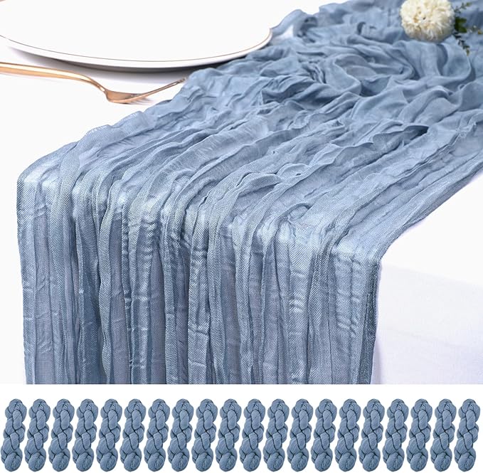 20 Pack Dusty Blue Cheesecloth Table Runner 17x108 Inch Semi Sheer Boho Rustic Gauze Cheese Cloth Table Runners for Wedding Party Birthday Baby Shower Home Décor