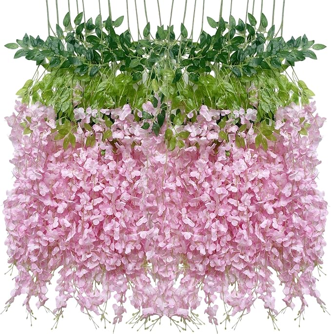 Artificial Wisteria Hanging Flowers Fake Wisteria Flower Garland Silk Vines Rattan Decor for Home Wedding Arch Wall Garden Greenery Bedroom Outdoor Office Party Decoration (12, Light Pink)