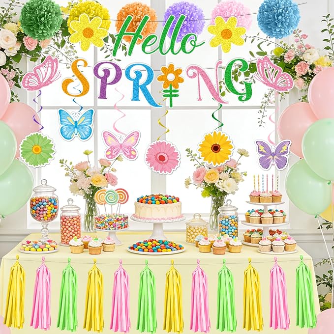 Rakuto Hello Spring Party Decorations, Hello Spring Banners Hanging Swirls Paper Pom Poms and Paper Tassels, Colorful Butterflies Flowers Party Decor