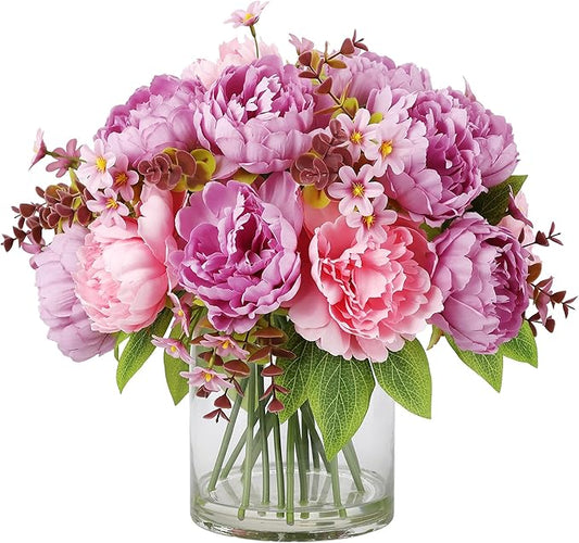 Rose Red & Purple Mixed Peonies Bouquet, Silk Faux Peony with Glass Bottle and Faux Water for Home Decor Wedding Bouquets Table Centerpieces
