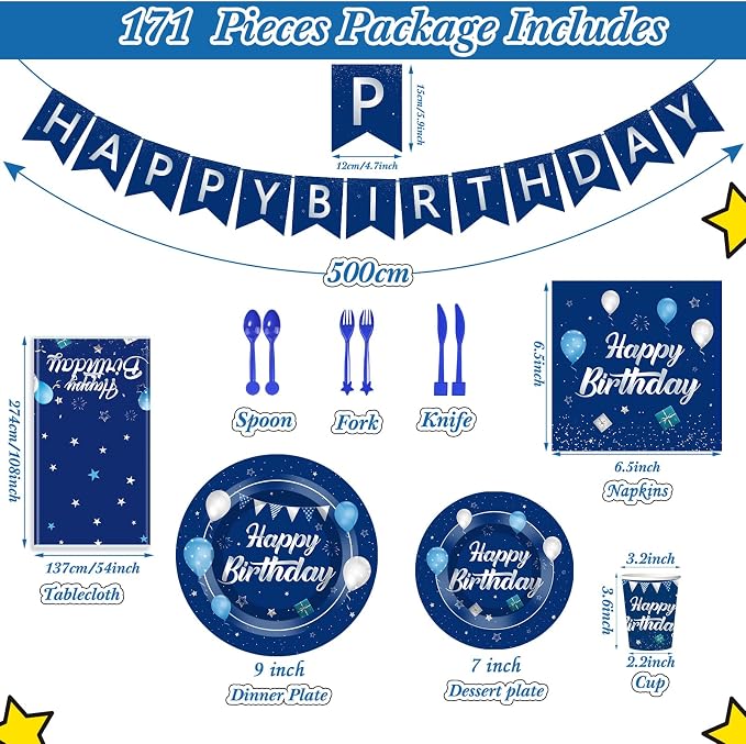 Pajean Blue and Silver Happy Birthday Party Tableware Set Navy Blue Birthday Decoration for Men Banner and Tablecloths Plates Cups Napkins Dinnerware for 24 Guests Party Supplies