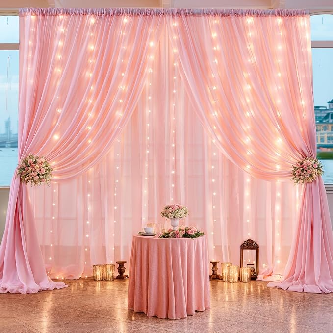 20ft x 10ft Baby Pink Chiffon Backdrop Curtain with Lights String for Parties,4 Panels Sheer Tulle Curtain Wedding Backdrop for Baby Shower Birthday Party Ceremony Reception Home Decorations