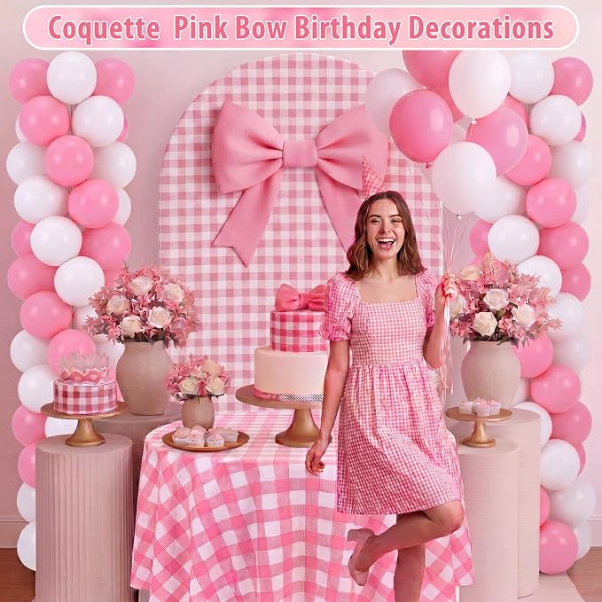 Lunmon 160 Pcs Pink Gingham Decorations Coquette Birthday Decor Include 7.2 ft Arch Backdrop Covers Large Bows Coquette Gingham Tablecloth 120 Pink and White Balloons and Balloon Stand Clips