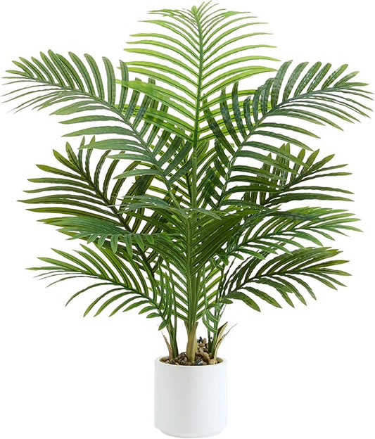 Artificial Palm Tree 3.5FT Tall Fake Tree with White Taper Planter & Pebbles, UV Resistant for Indoor & Outdoor Decor - Large Potted Faux Plant for Living Room, Office, Home Decor