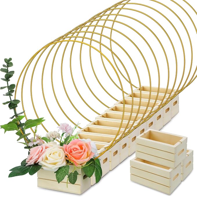 FoldTier 24 Pcs 14 Inches Metal Floral Hoop Centerpiece with Stand for Tables - Includes Gold Wreath Rings and Wooden Stands for DIY Wedding Baby Shower Communion Baptism Birthday Party Decoration