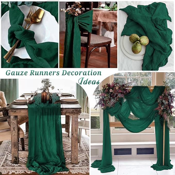 10 Pcs Dark Green Cheesecloth Table Runner 10FT, Gauze Table Runner for Wedding Reception Sheer Bridal Shower Birthday Party Boho Table Decoration, Rustic Romantic Wedding Runner
