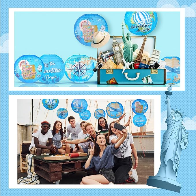 Panelee 12 Pcs Travel Around The World Paper Lanterns Party Decorations 8 Inch Hanging Round Hanging Paper Party Decorations for Holiday Indoor Outdoor Supplies