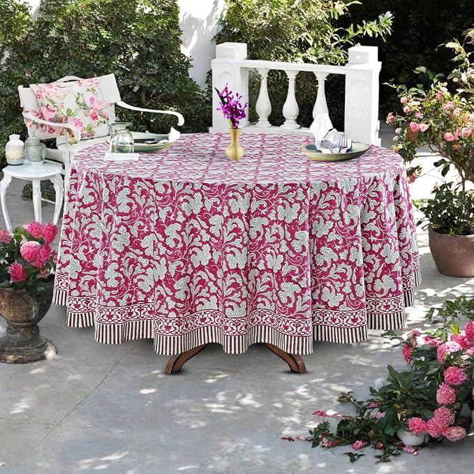 Ridhi Round Tablecloth Hand Block Print 100% Cotton Reusable Deep Pruce Red 110 Inch Table Cover Decorative Everyday Use for Dining, Home, Party, Wedding, Farmhouse Gift for Spring, Mother's Day