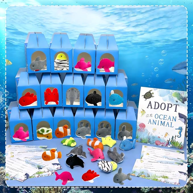 61 Pcs Adopt a Pet Ocean Animal Party Favors Include 20 Mini Plush Ocean Animal 20 Foldable Boxes 20 Adopt Animal Cards 1 Adopt Sign for Adopt a Pet Party(61 Pcs Ocean)