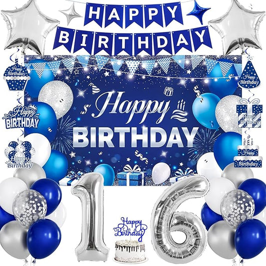 16th Birthday Decorations for Boys & Girls, Navy Blue and Silver Happy 16th Birthday Party Decorations with Number Balloons, Hanging Swirls, Cake Topper for 16 Years Old Party Supplies