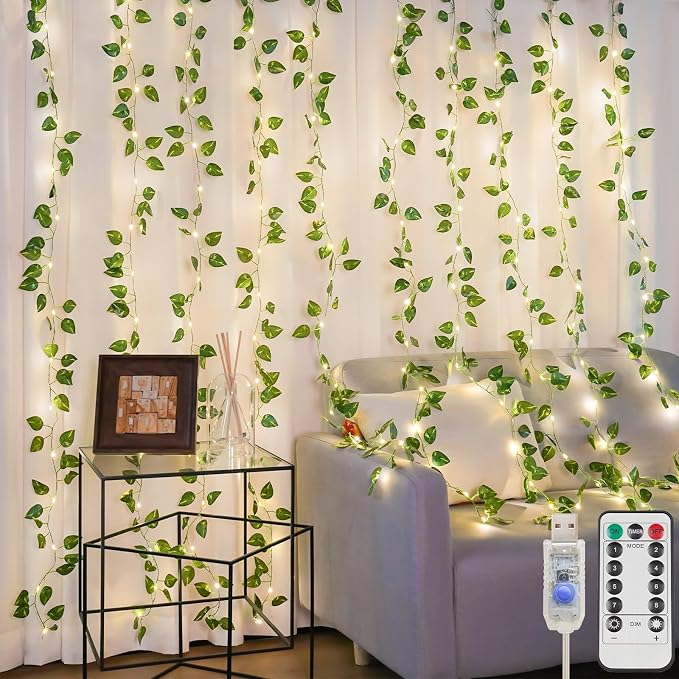 suddus Vines with Lights for Bedroom, 150 LED Fairy Lights with Vines, Pothos Curtain Lights for Bedroom, Dorm, Wedding, Party, Wall, Indoor, Outdoor Decor, 6.5ft x 4.9ft