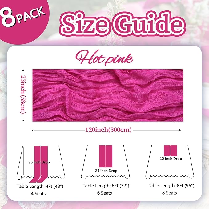 8 Pack Hot Pink Cheesecloth Table Runner 10ft Boho Gauze 120 Inch Cheese Cloth Table Runner Rustic Sheer for Spring Holiday Baby Shower Party Décor Home Wedding Decoration